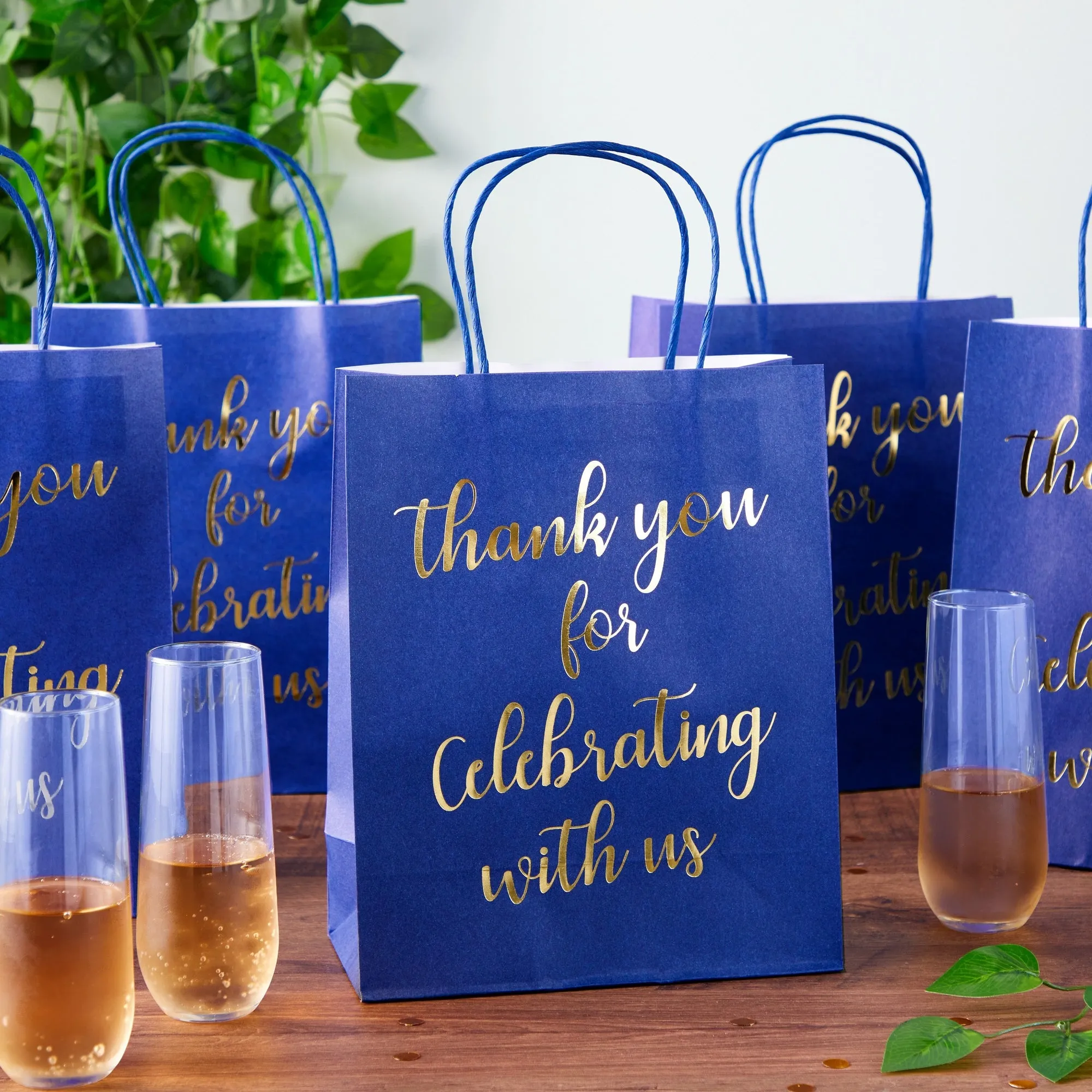 24-Pack 8x4x10-Inch Navy Blue Gift Bags with Gold Foil Script, Medium-Sized Thank You Bags with Handles and 24 Sheets White Tissue Paper