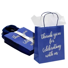 24-Pack 8x4x10-Inch Navy Blue Gift Bags with Gold Foil Script, Medium-Sized Thank You Bags with Handles and 24 Sheets White Tissue Paper