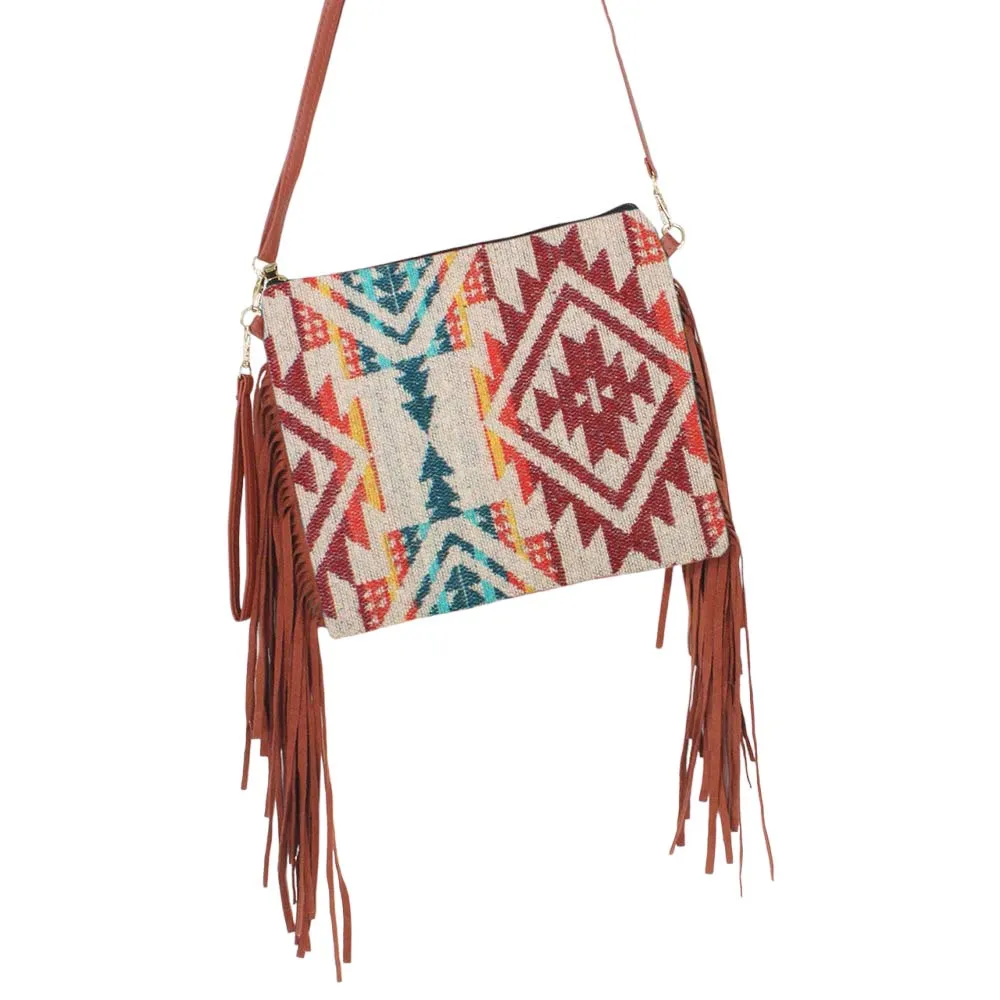 Aztec Patterned Tassel Wristlet Clutch Crossbody Bag