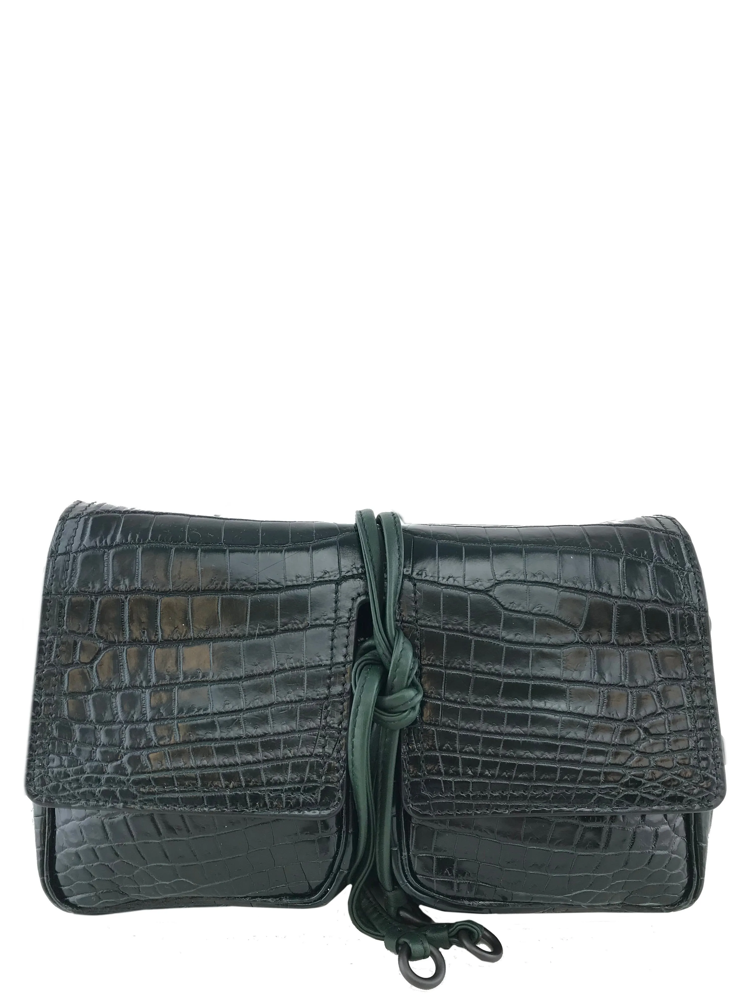 Bottega Veneta Dark Green Crocodile Flap Bag NEW