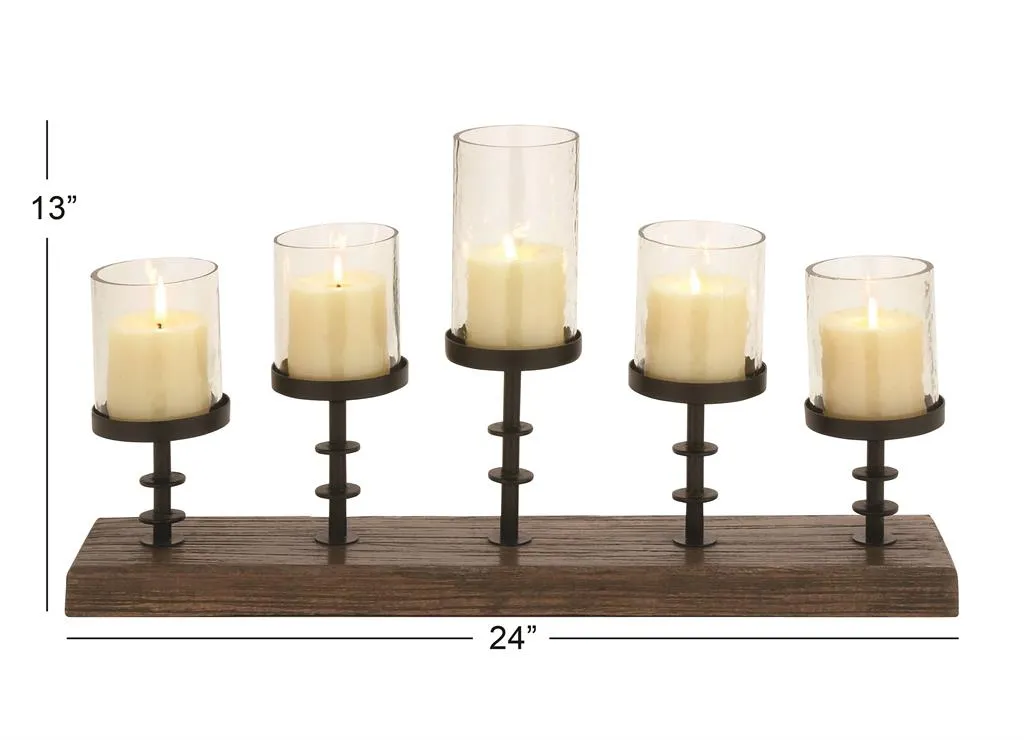 BROWN MANGO WOOD HANDMADE PILLAR 5 PLATE CANDELABRA WITH WOOD BASE