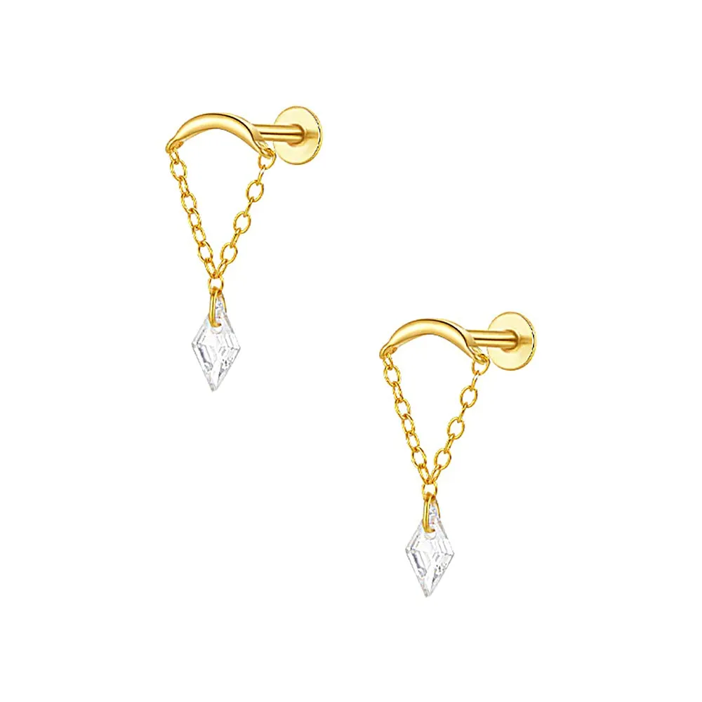 Diamond Zircon Chain Pendant Flat Back Earrings