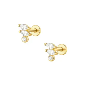 Exquisite Three CZ Diamonds Flat Back Earrings