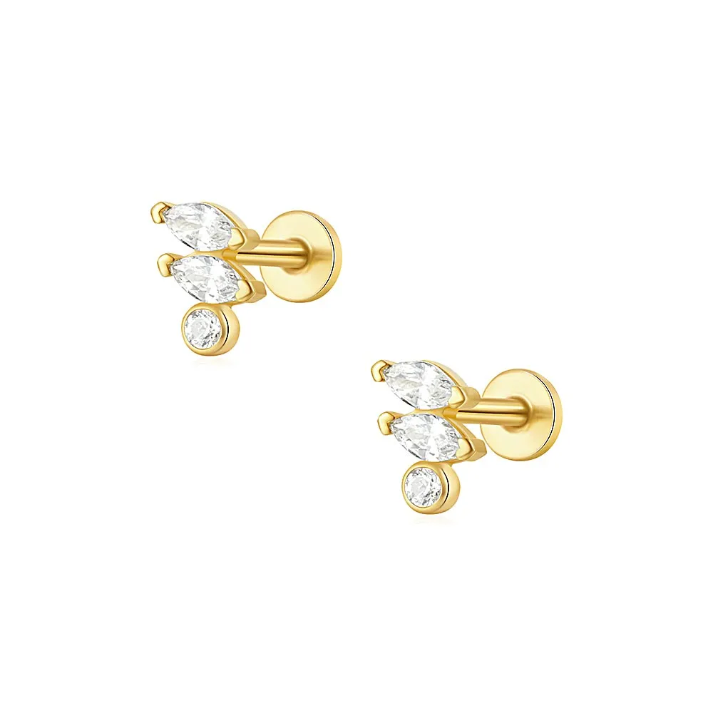 Exquisite Three CZ Diamonds Flat Back Earrings