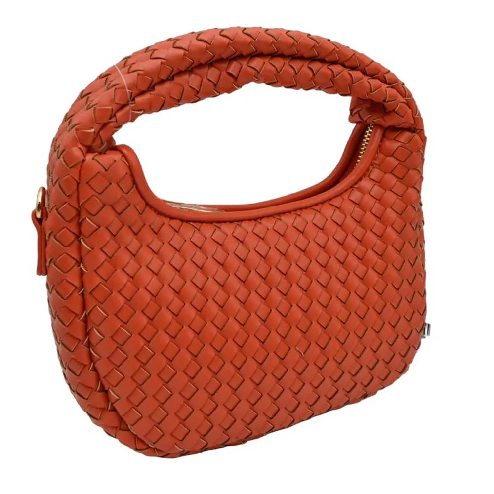 Faux Leather Woven Patterned Top Handle Tote Shoulder Bag