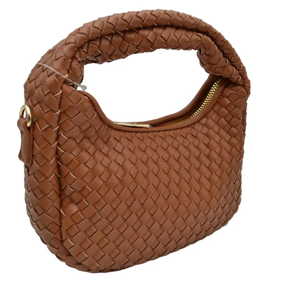 Faux Leather Woven Patterned Top Handle Tote Shoulder Bag