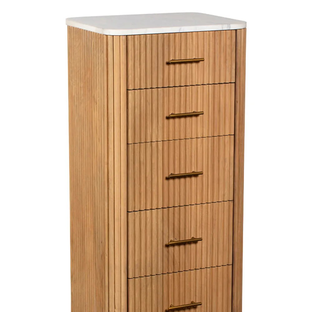 Five Drawer Reed Mango Wood and White Marble Tallboy Chest of Drawers