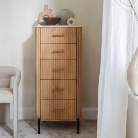 Five Drawer Reed Mango Wood and White Marble Tallboy Chest of Drawers