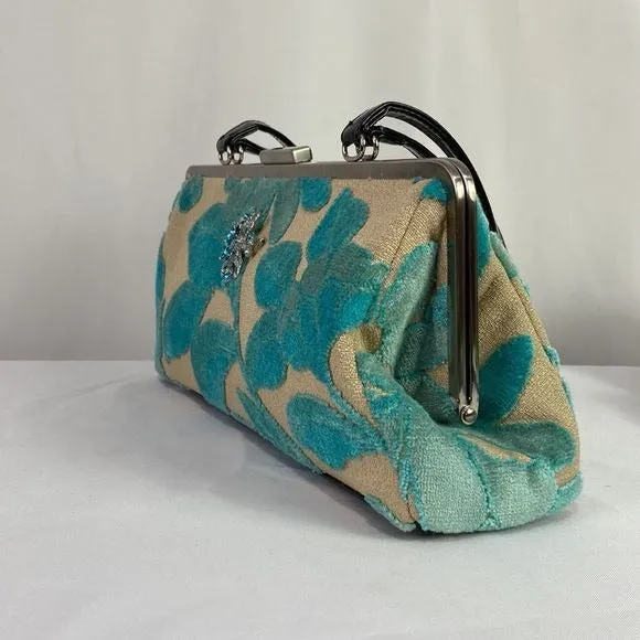 Glenda GeisTan Turquoise Leaf Print Rec Kiss Lock Bag