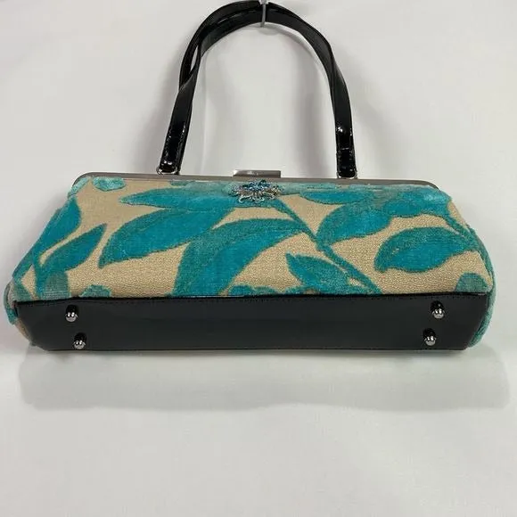 Glenda GeisTan Turquoise Leaf Print Rec Kiss Lock Bag