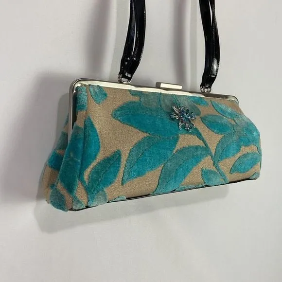 Glenda GeisTan Turquoise Leaf Print Rec Kiss Lock Bag