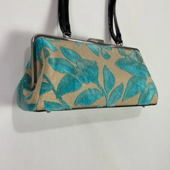 Glenda GeisTan Turquoise Leaf Print Rec Kiss Lock Bag