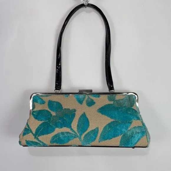 Glenda GeisTan Turquoise Leaf Print Rec Kiss Lock Bag