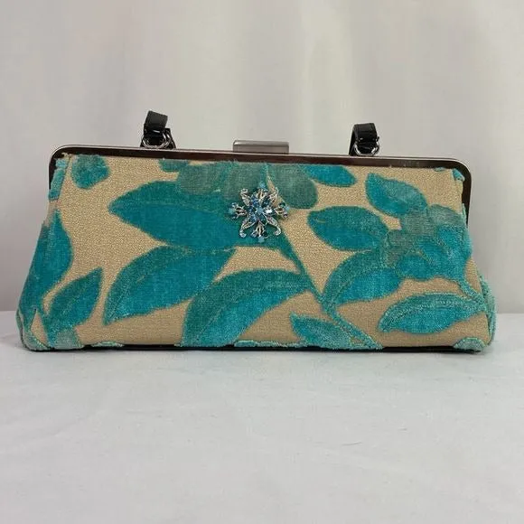 Glenda GeisTan Turquoise Leaf Print Rec Kiss Lock Bag