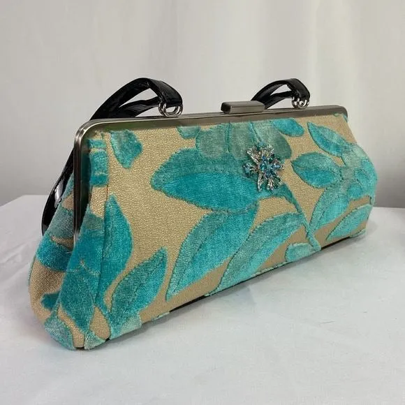 Glenda GeisTan Turquoise Leaf Print Rec Kiss Lock Bag