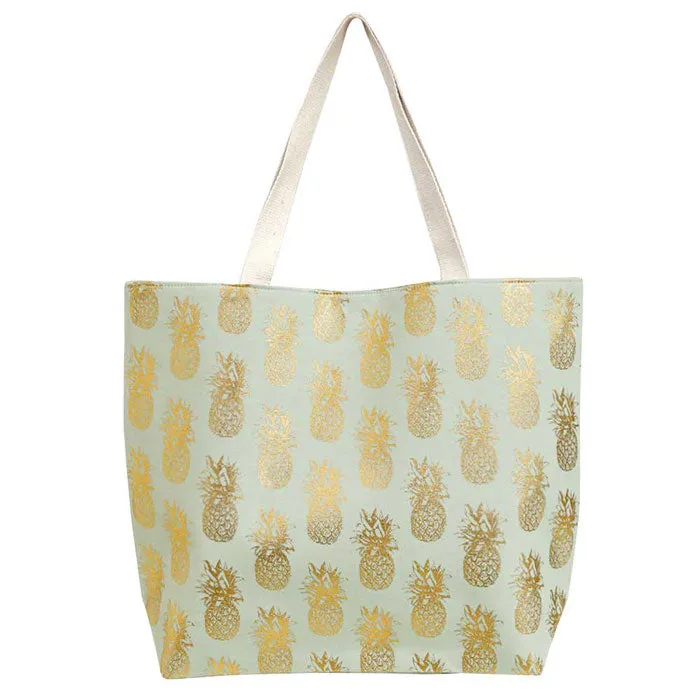 Metallic Pineapple Patterned Beach Tote Bag