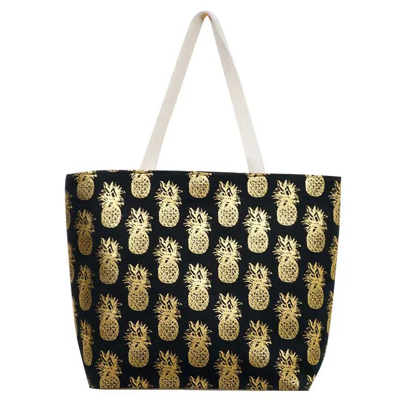 Metallic Pineapple Patterned Beach Tote Bag