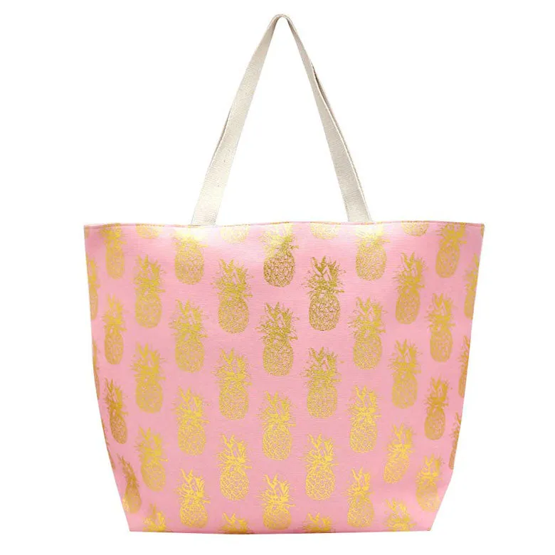 Metallic Pineapple Patterned Beach Tote Bag