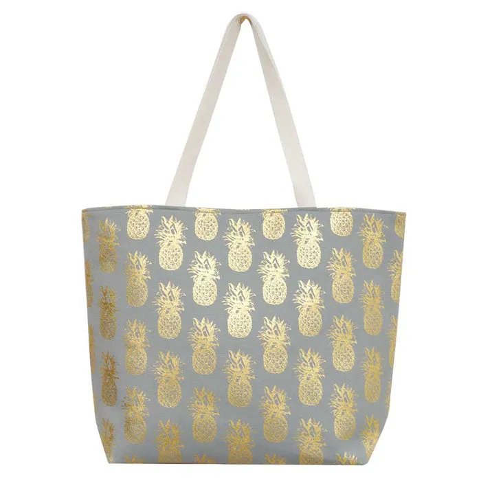 Metallic Pineapple Patterned Beach Tote Bag