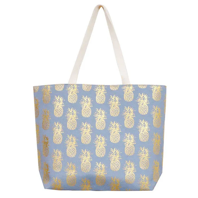 Metallic Pineapple Patterned Beach Tote Bag