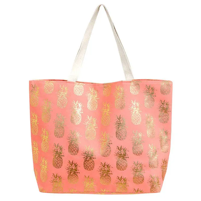 Metallic Pineapple Patterned Beach Tote Bag