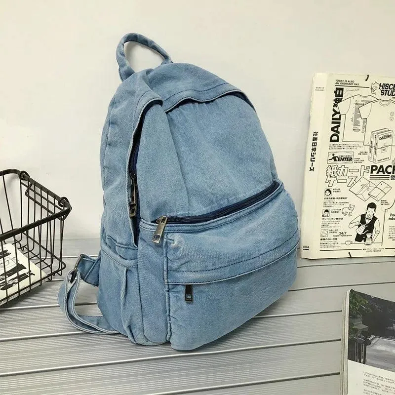 Multifunction Denim Cool Backpack EN257 - Korean Style Blue School Bag