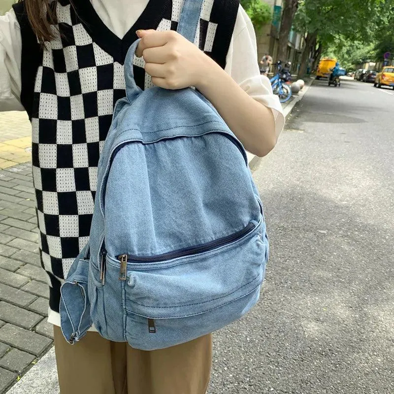 Multifunction Denim Cool Backpack EN257 - Korean Style Blue School Bag