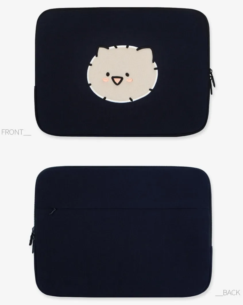 Navy Kuma Laptop Sleeves iPad 13 14 15 inch Cases Protective Covers Purses Skins Handbags Square Cushion Carrying Pouches Designer Artist Embroidery School Collage Office Lightweight Pocket Cute Characters