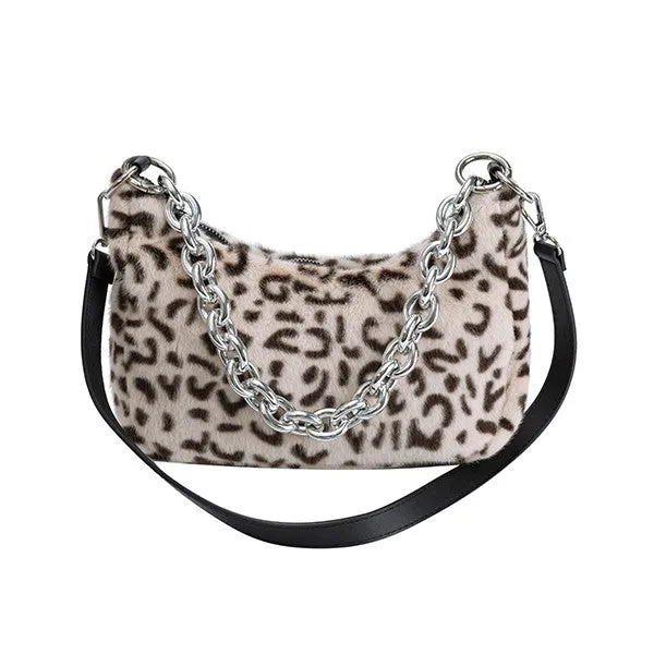 Plush Leopard Print Shoulder Bag