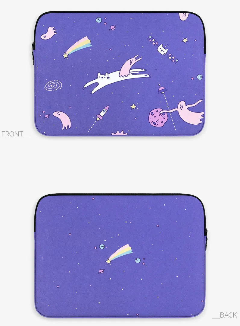 Purple Cat Space Graphic Laptop Sleeves iPad 11 13 15 inch Cases Protective Covers Handbags Square Pouches Designer Artist Prints Cute Lightweight School Collage Office Zipper Fashion Unique Gifts