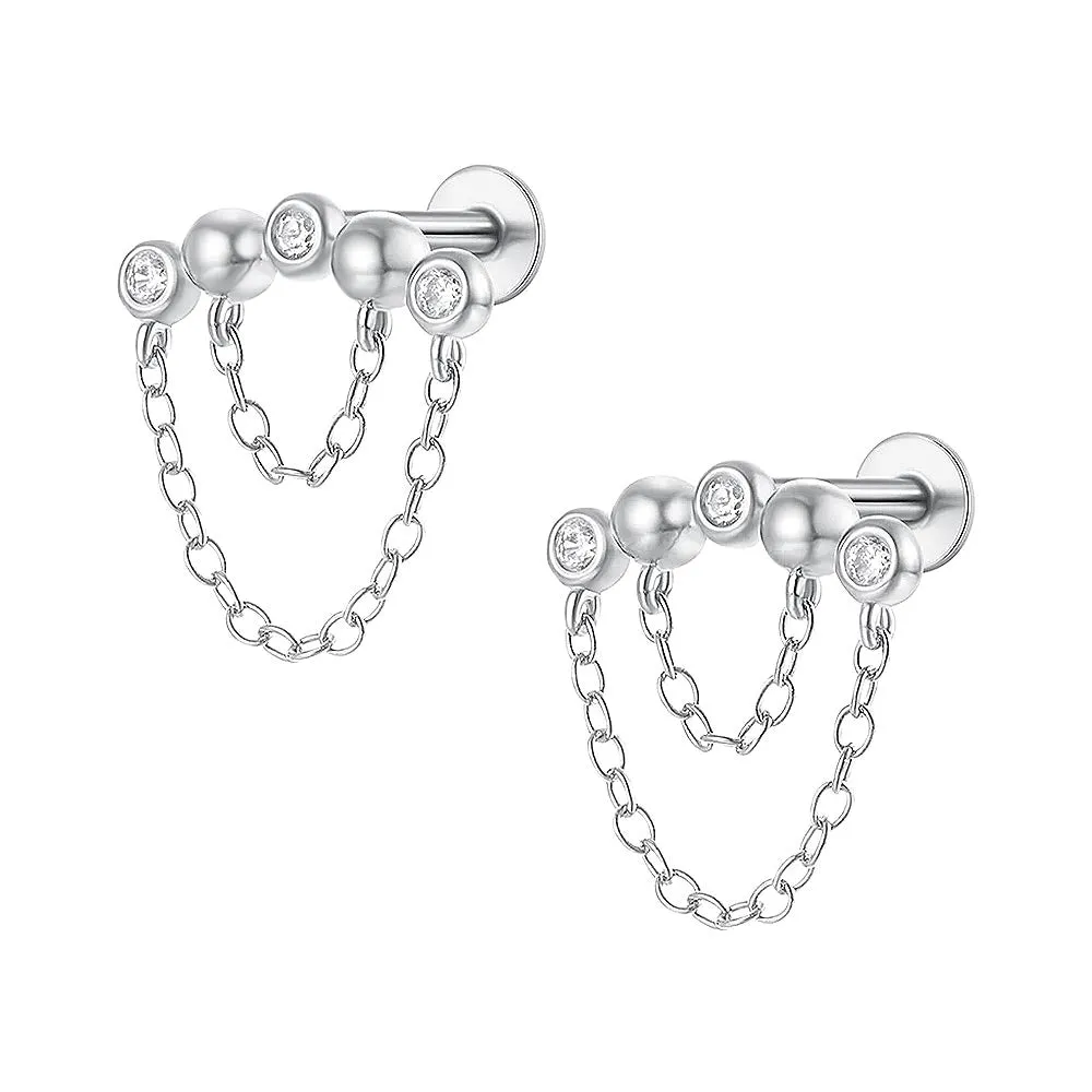 S925 Sterling Silver Double Chain Drop Flat Back Earrings