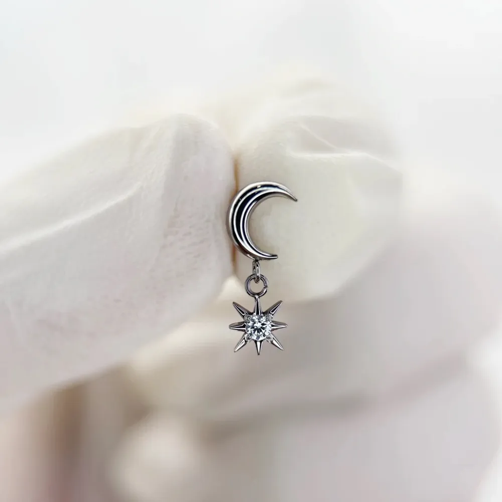 Titanium Crescent Moon&Sun Dangling Piercing Earring