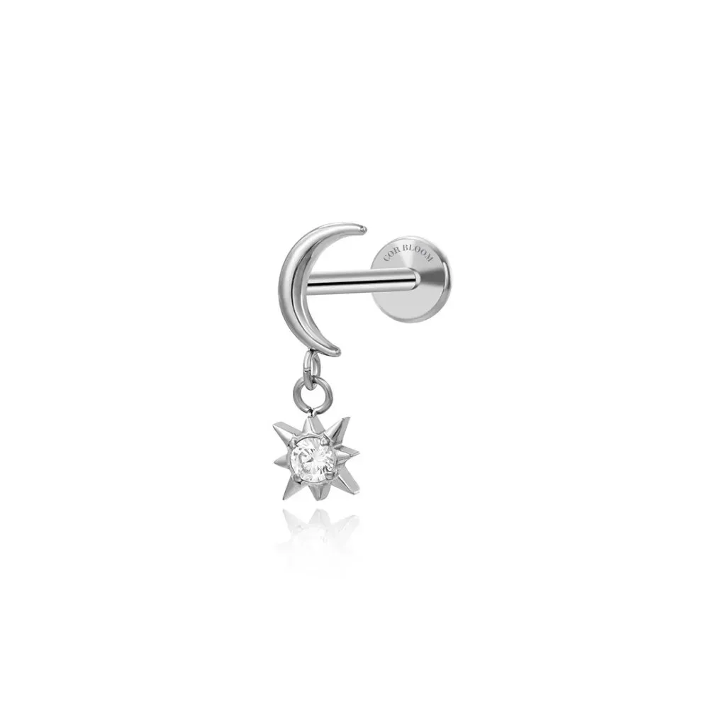 Titanium Crescent Moon&Sun Dangling Piercing Earring